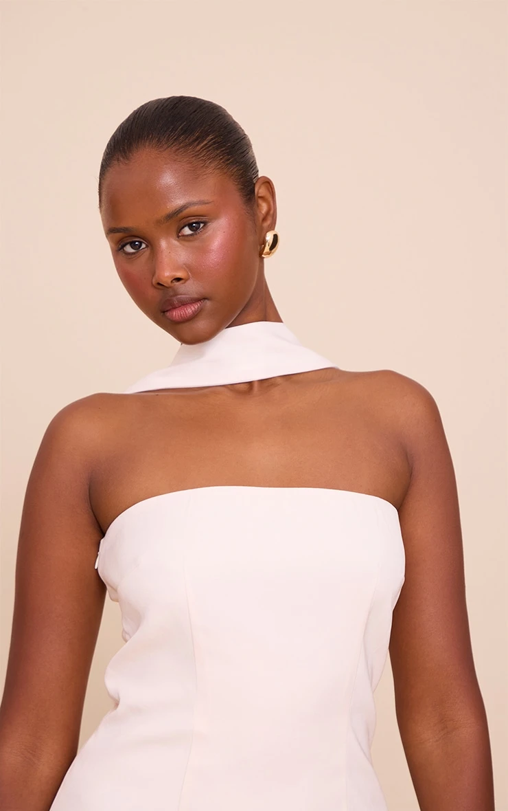 Prettylittlething Butter Cream Woven Scarf Detail Bandeau Shift Dress - Image 4