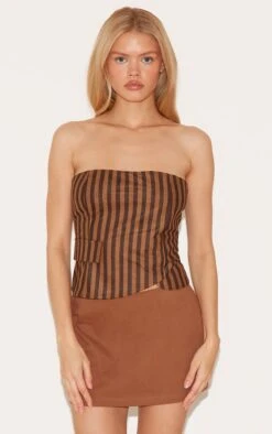 Prettylittlething Brown Corduroy Striped Bandeau