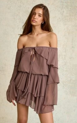 Prettylittlething Mushroom Chiffon Ruffle Detail Long Sleeve Romper