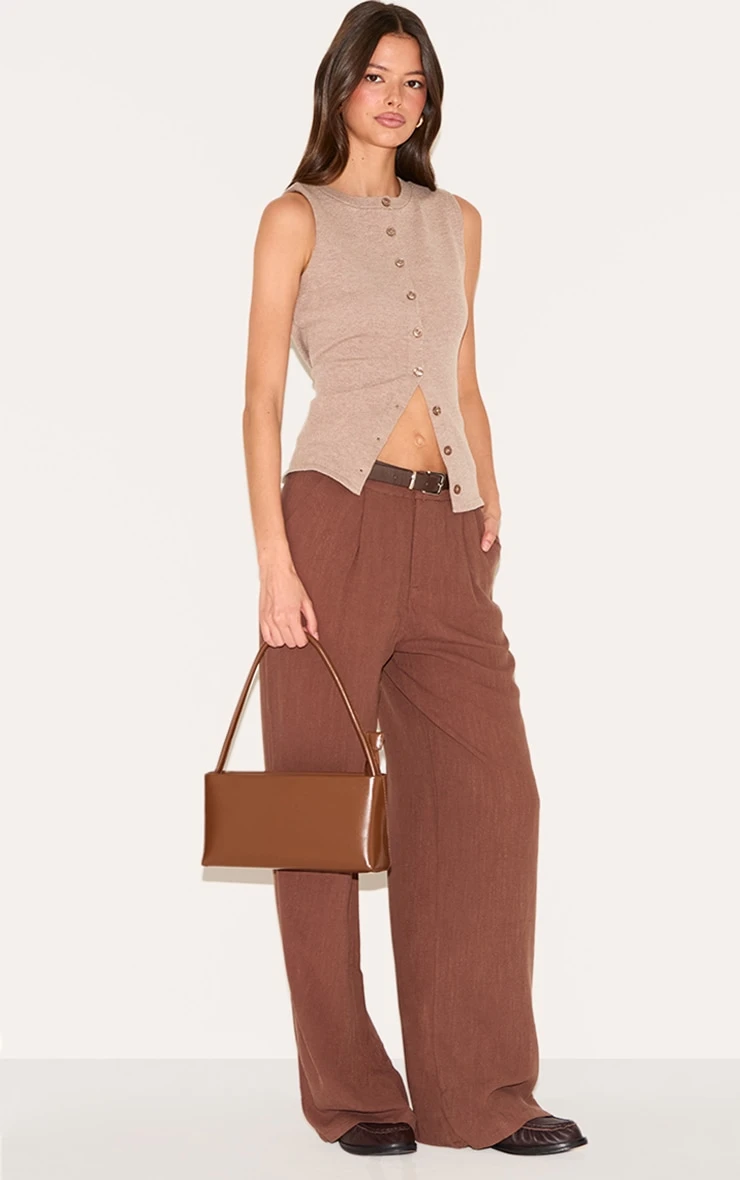 Prettylittlething Dark Chocolate Linen Blend Tailored Straight Leg Pants 1 Prettylittlething Dark Chocolate Linen Blend Tailored Straight Leg Pants