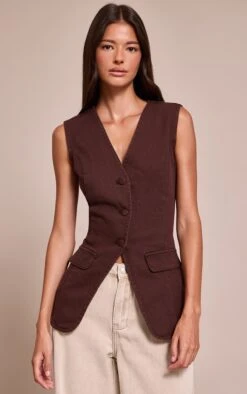 Prettylittlething Chocolate Tailored Style Longline Denim Vest