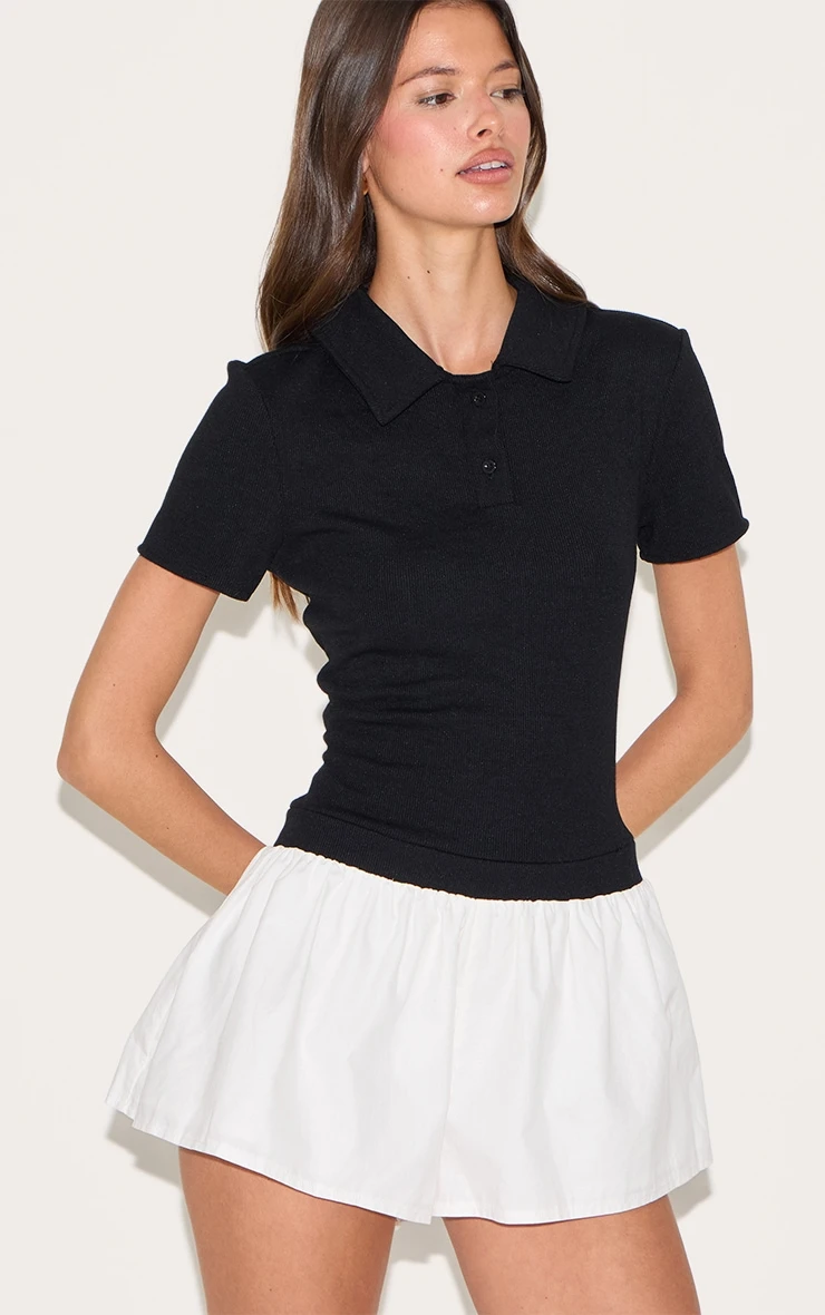 Prettylittlething Black Rib Polo Collar Detail Skort Romper