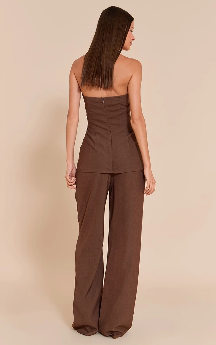 Prettylittlething Chocolate Woven Tailored Longline Bandeau Flared Jumpsuit 2 Prettylittlething Chocolate Woven Tailored Longline Bandeau Flared Jumpsuit - Image 2