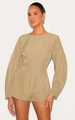 Prettylittlething Stone Tailored Woven High Neck Cocoon Sleeve Romper