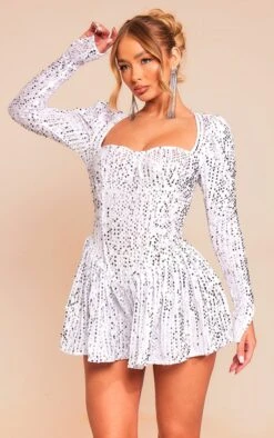 Prettylittlething White Sequin Cup Detail Long Sleeve Skater Romper