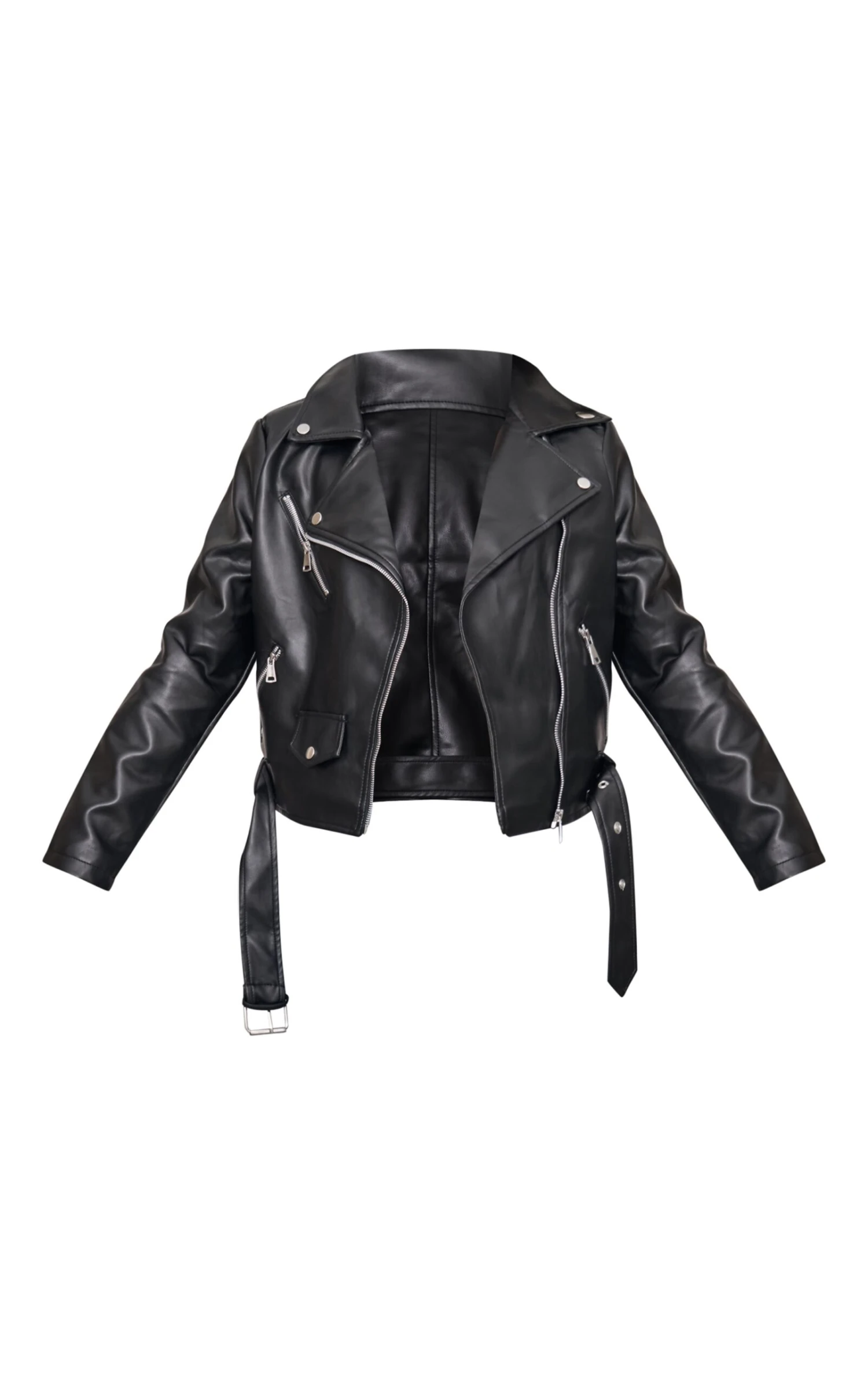 Prettylittlething Black Faux Leather Regular Fit Belted Biker Jacket 5 Prettylittlething Black Faux Leather Regular Fit Belted Biker Jacket - Image 5