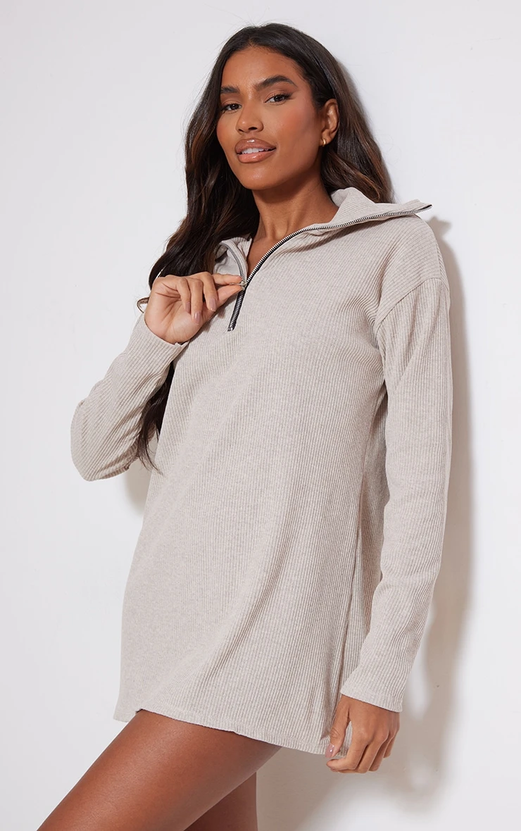 Prettylittlething Sand Rib High Neck Half Zip Oversized Sweater Dress