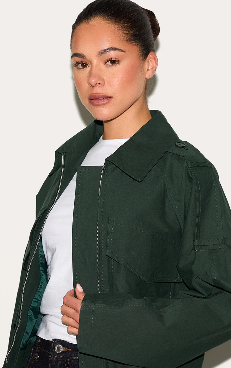 Prettylittlething Dark Khaki Trench Detail Cropped Zip Up Jacket - Image 4