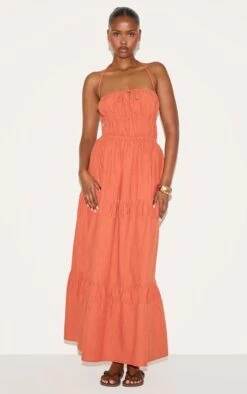 Prettylittlething Rust Ruched Backless Strappy Maxi Dress