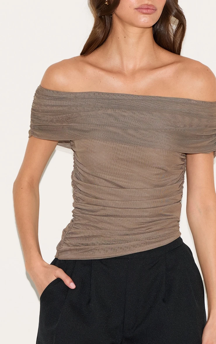 Prettylittlething Mushroom Mesh Foldover Ruched Bandeau Top 4 Prettylittlething Mushroom Mesh Foldover Ruched Bandeau Top - Image 4