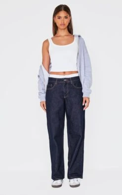 Prettylittlething Dark Indigo Boxer Waistband Detail Denim Jeans