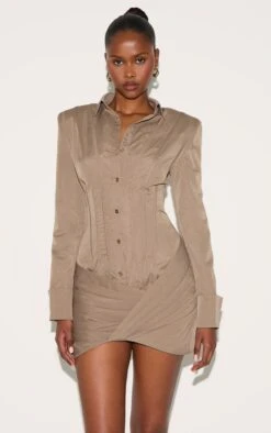 Prettylittlething Mushroom Structured Woven Wrap Shirt Dress