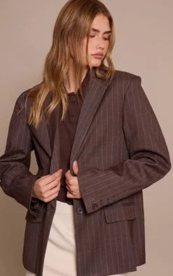 Prettylittlething Chocolate Pinstripe Boyfriend Premium Blazer
