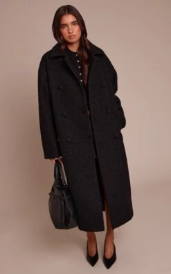 Black Boucle Double Breasted Maxi Coat