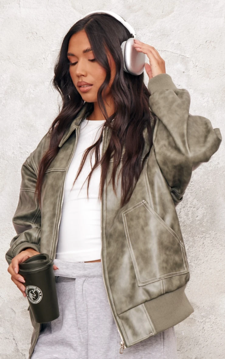 Prettylittlething Washed Green Distressed Faux Leather Oversized Longline Bomber Jacket 1 Prettylittlething Washed Green Distressed Faux Leather Oversized Longline Bomber Jacket