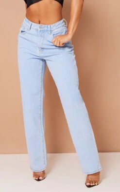 Prettylittlething Light Blue Wash Dipped Back Waistband Boyfriend Jeans