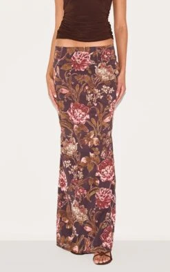 Prettylittlething Brown Floral Print Chiffon Maxi Skirt