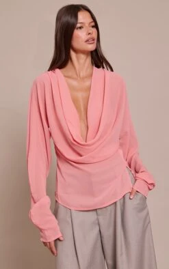Peach Chiffon Cowl Neck Long Sleeve Blouse