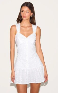 Prettylittlething White Embroidered Button Down Sleeveless Shift Dress