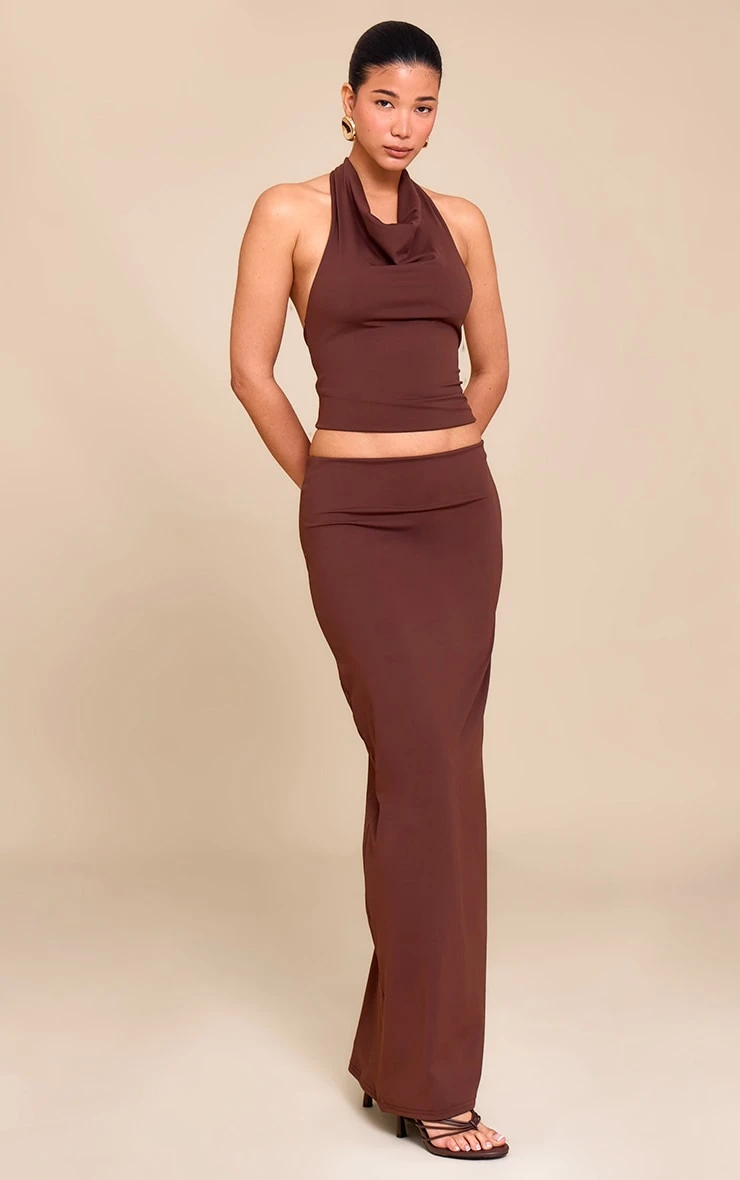 Prettylittlething Chocolate Brown Matte Sculpt Halterneck Gold Detail Backless Top 3 Prettylittlething Chocolate Brown Matte Sculpt Halterneck Gold Detail Backless Top - Image 3