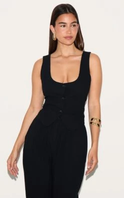 Prettylittlething Black Linen Look Tailored Scoop Neck Fitted Vest