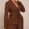 Prettylittlething Shape Chocolate Tie Detail Cinched Waist Blazer