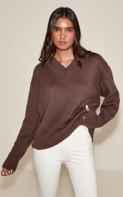 Prettylittlething Mink Brushed Laguna Knit V Neck Sweater