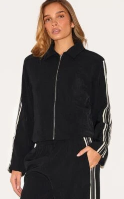 Prettylittlething Black Side Stripe Woven Cropped Jacket -Pretty Little Thing Shop c661e90a37229f074e7789c1a9538288dc117f9e CNM0273 4 black side stripe woven cropped jacket