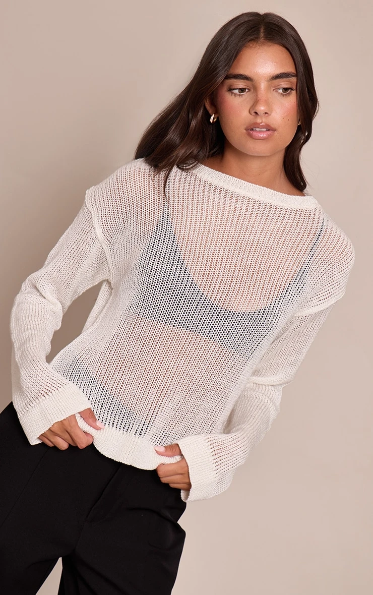 Prettylittlething Cream Filagree Knit Slouchy Sweater 1 Prettylittlething Cream Filagree Knit Slouchy Sweater