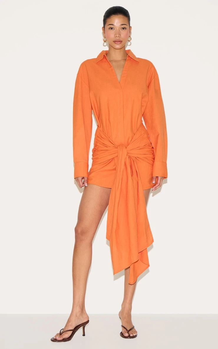Prettylittlething Burnt Orange Wrap Detail Shirt Dress 1 Prettylittlething Burnt Orange Wrap Detail Shirt Dress