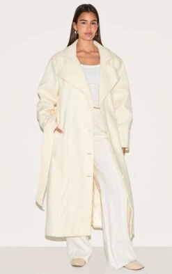 Prettylittlething Ecru Oversized Wool Look Trench Coat