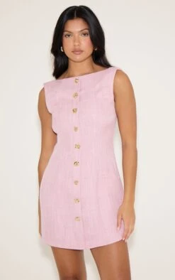 Prettylittlething Baby Pink Twill Button Down Bodycon Dress