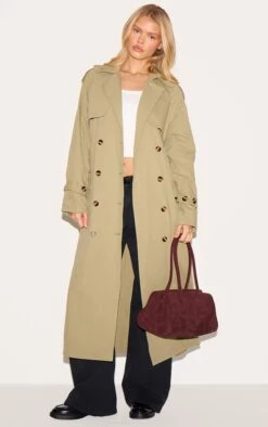 Prettylittlething Khaki Panel Detail Belted Trench Coat