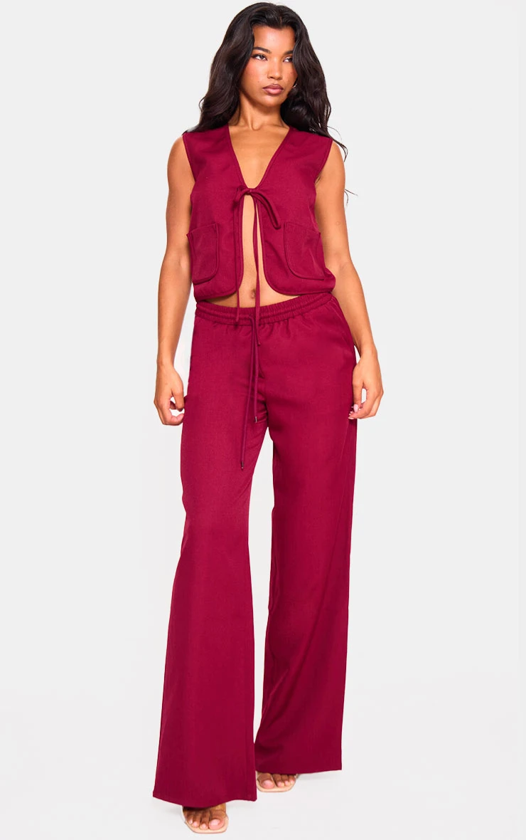 Prettylittlething Cherry Red Woven Mid Rise Wide Leg Pants 1 Prettylittlething Cherry Red Woven Mid Rise Wide Leg Pants