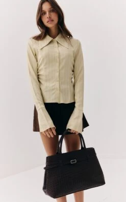 Prettylittlething Butter Yellow Pinstripe Oversized Collar Fitted Shirt -Pretty Little Thing Shop c74c71ca41a0bd2bb725207460ca4900a77a5820 CNM2504 3 butter yellow pinstripe oversized collar fitted shirt