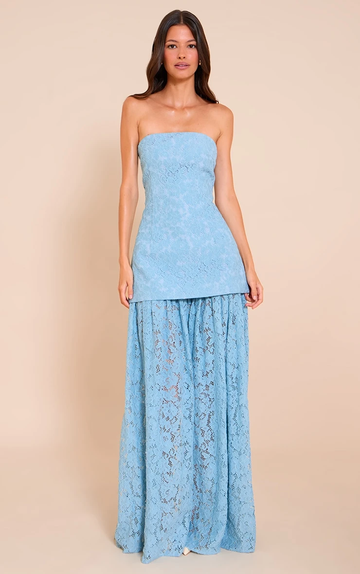 Prettylittlething Light Blue Lace Sheer Skirt Panel Bandeau Midaxi Dress 3 Prettylittlething Light Blue Lace Sheer Skirt Panel Bandeau Midaxi Dress - Image 3