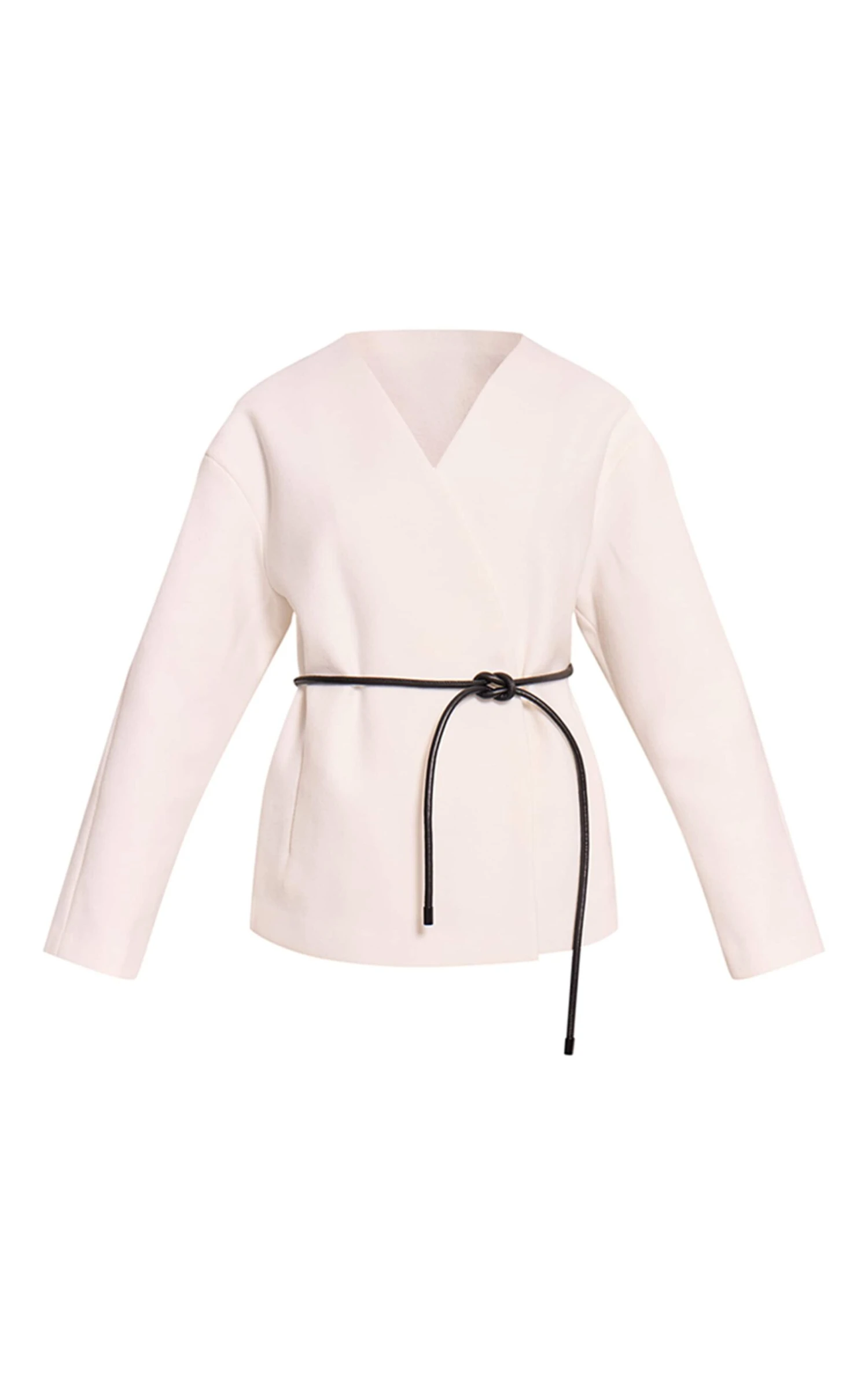 Prettylittlething Ecru Collarless Wrap Style Tie Waist Wool Look Coat - Image 5