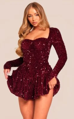 Prettylittlething Burgundy Sequin Cup Detail Long Sleeve Skater Romper