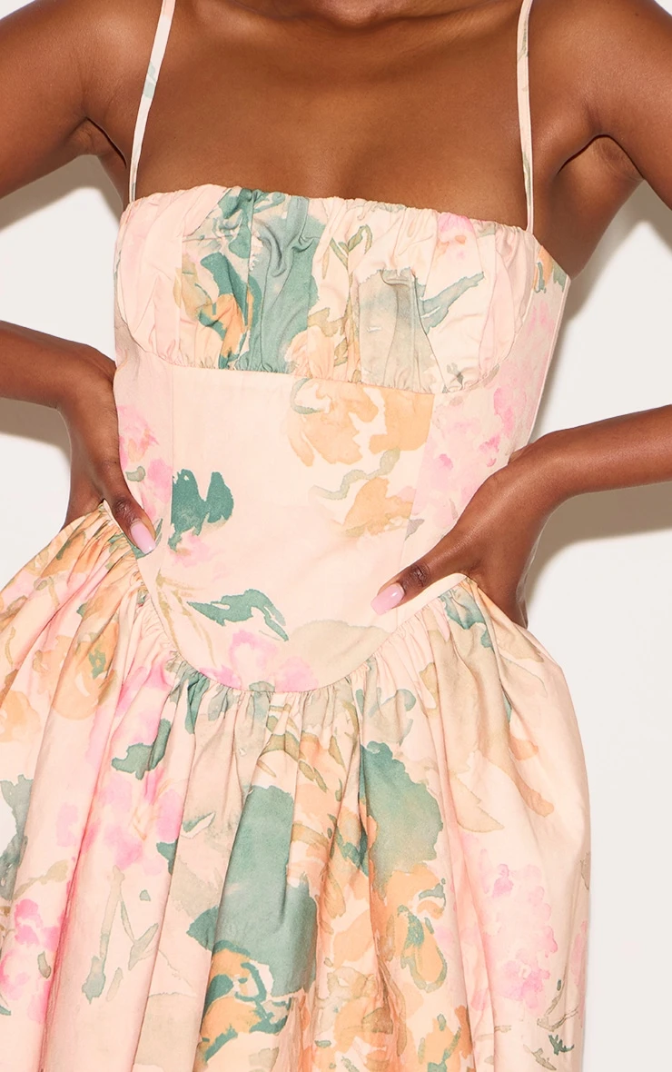 Prettylittlething Pink Abstract Floral Ruched Bust Corset Strappy Midaxi Dress - Image 4