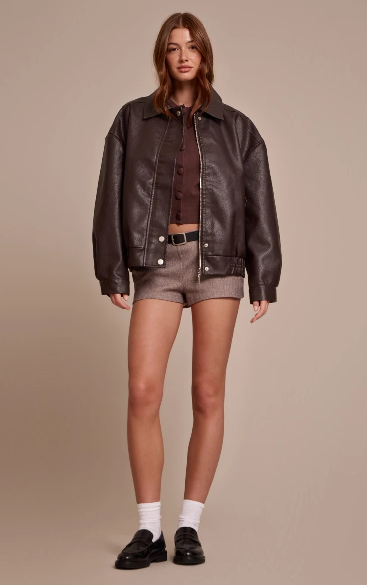 Chocolate Concealed Placket Faux Leather Bomber Jacket 3 Chocolate Concealed Placket Faux Leather Bomber Jacket - Image 3