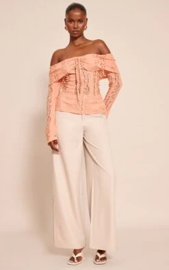 Peach Fitted Lace Flared Sleeve Bardot Top -Pretty Little Thing Shop c7a7780517b2b0b98ea4c72c93b2abdb1282d309 CNN9165 3 mauve fitted lace flared sleeve bardot top