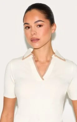 Prettylittlething Cream Knitted Contrast Polo Collar Top -Pretty Little Thing Shop c7b2d9646a4d94e117fd9cab52f2addf74d1f659 CNM7666 4 cream knitted contrast polo collar top