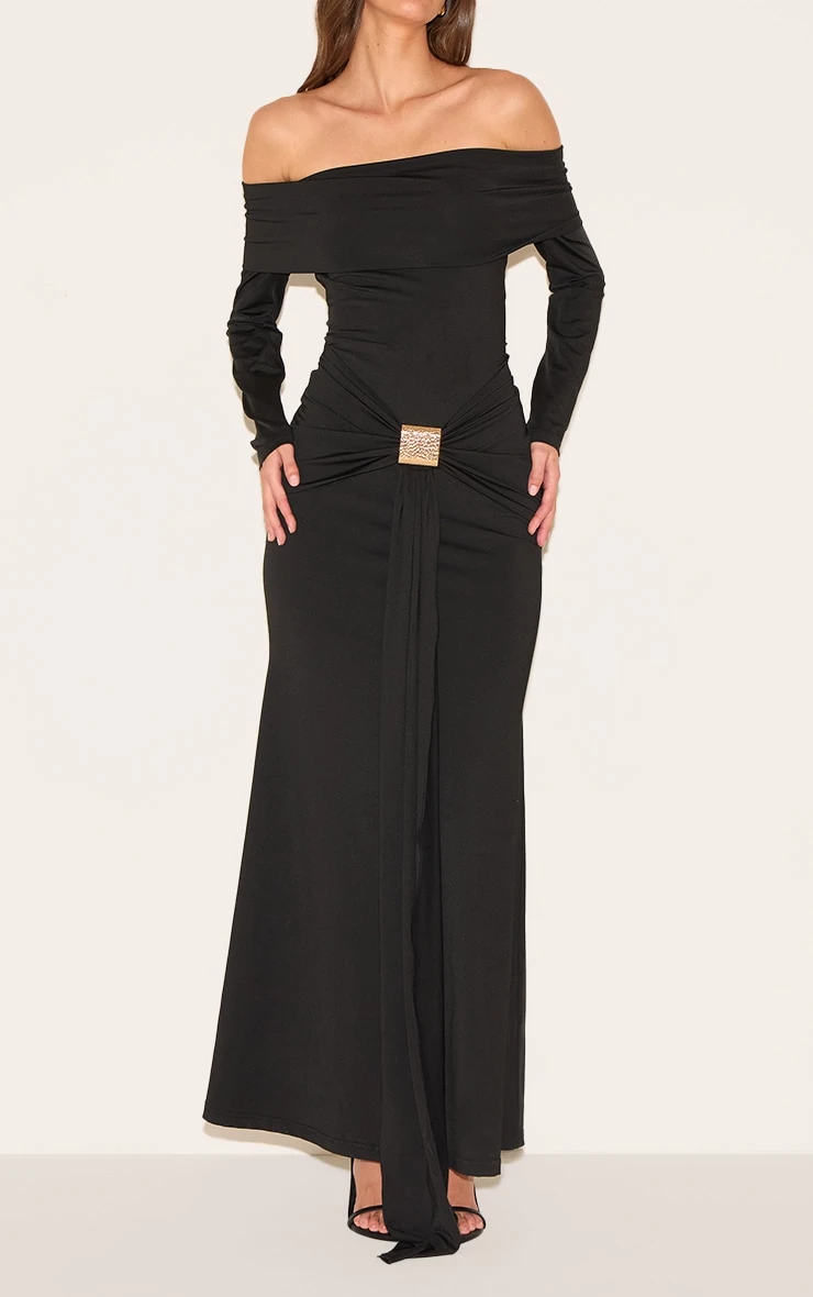 Prettylittlething Black Bardot Long Sleeve Trim Drape Detail Maxi Dress - Image 4