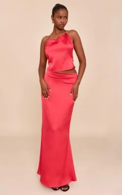 Prettylittlething Tomato Red Satin Mid Rise Maxi Skirt