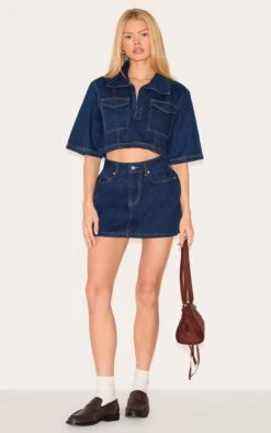 Prettylittlething Indigo Contrast Stitch Denim Mini Skirt