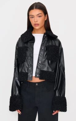 Prettylittlething Black Borg Pocket Front Faux Leather Cropped Coat