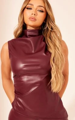 Prettylittlething Dark Red Faux Leather High Neck Asymmetric Hem Side Ruched Top -Pretty Little Thing Shop c82cb11bd63edeadcdfefa21ab2057840363b418 cnh3726 4