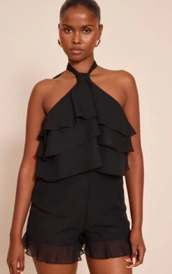 Prettylittlething Black Chiffon Halter Neck Frill Romper