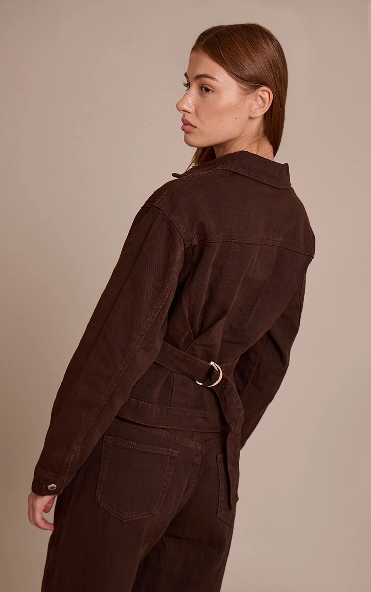 Prettylittlething Dark Chocolate Pleated Cinch Back Denim Jacket 2 Prettylittlething Dark Chocolate Pleated Cinch Back Denim Jacket - Image 2