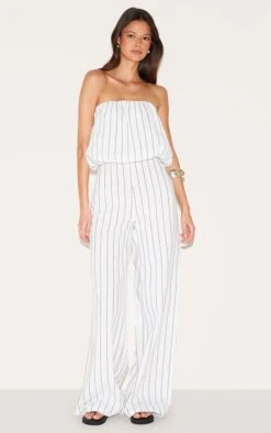 Prettylittlething Stone Stripe Cotton Puffball Bandeau Straight Leg Jumpsuit